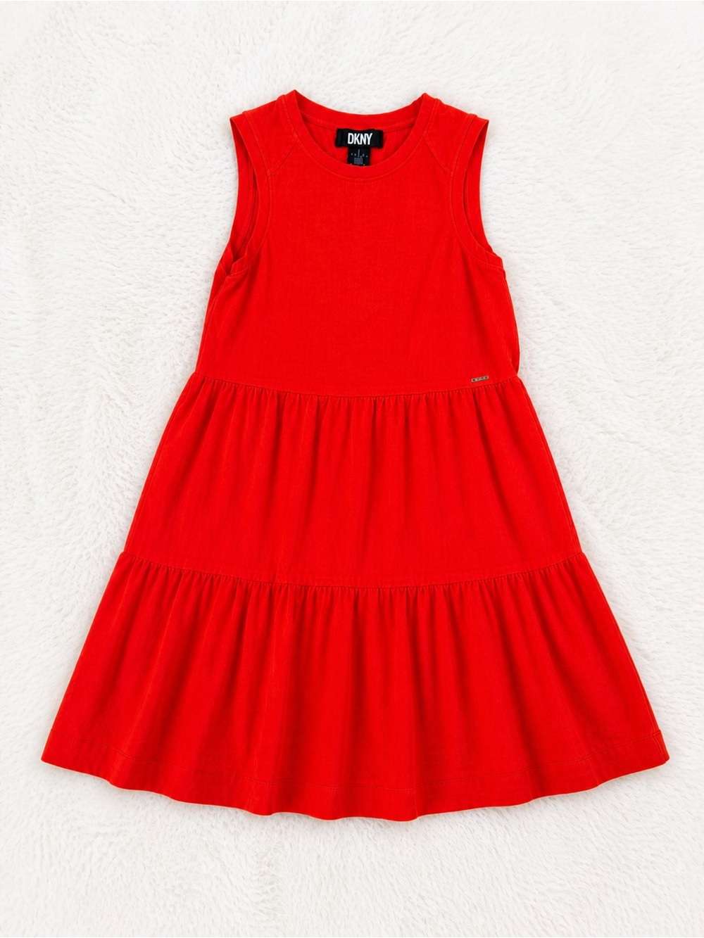 DKNY Red Tiered Dress Small | Sleeveless Cotton Blend Casual Chic Summer Mini
